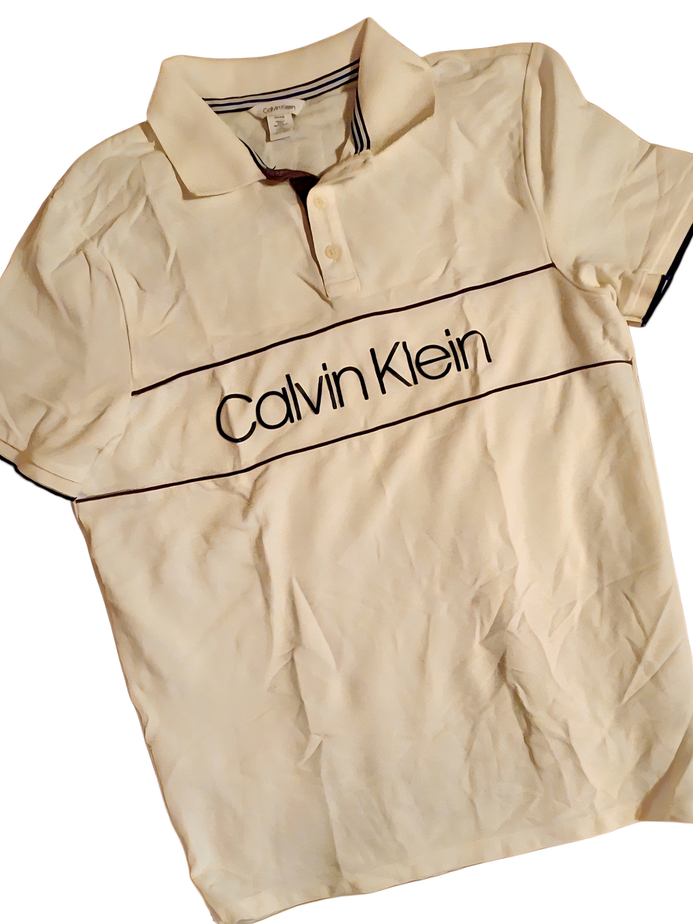 Vintage Calvin Klein Men's Cream Polo with Black Logo Stripe